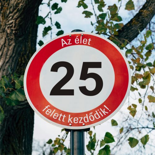 fa 25-ös sebességkorlátozó szülinapi Kresz tábla - többféle szöveggel