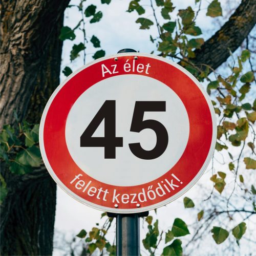 fa 45-ös sebességkorlátozó szülinapi Kresz tábla - többféle szöveggel