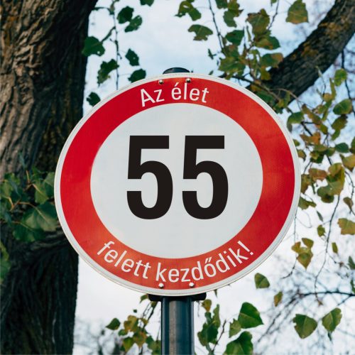 fa 55-ös sebességkorlátozó szülinapi Kresz tábla - többféle szöveggel