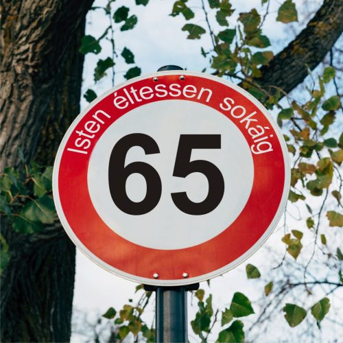 fa 65-ös sebességkorlátozó szülinapi Kresz tábla - többféle szöveggel