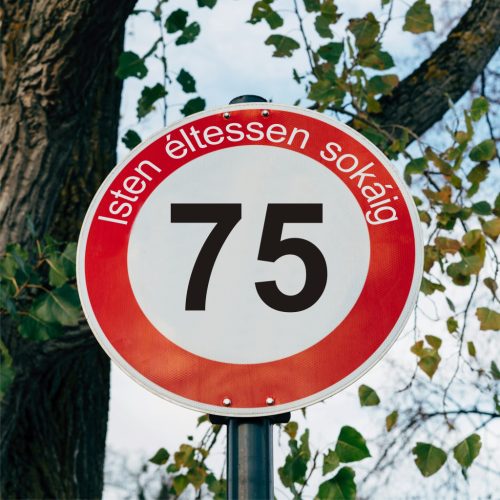 fa 75-ös sebességkorlátozó szülinapi Kresz tábla - többféle szöveggel