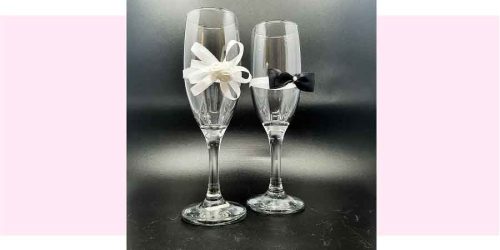 üveg Esküvőre pezsgős poharak ekrü rózsás díszítéssel