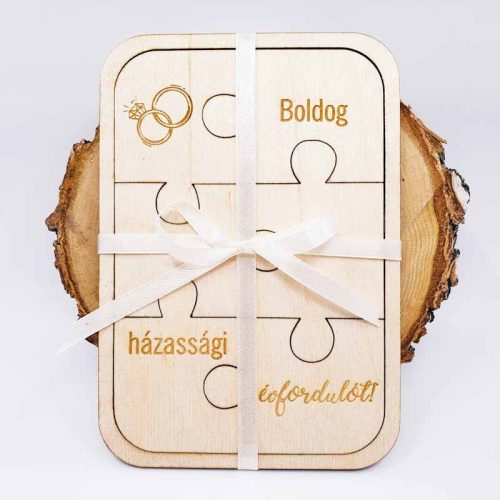 gravírozott fa Boldog Házassági Évfordulót puzzle - választható évszámmal