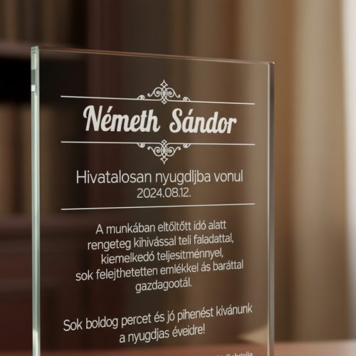 gravírozott üveg Üvegplakett ajándék - Nyugdíjba vonulásra