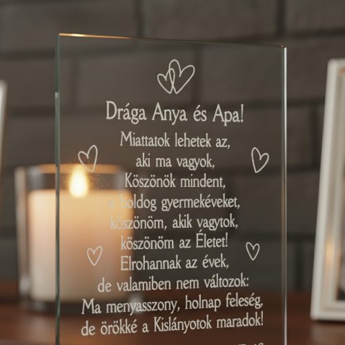 gravírozott üveg Üvegplakett ajándék - Szülőköszöntő Anyának és Apának