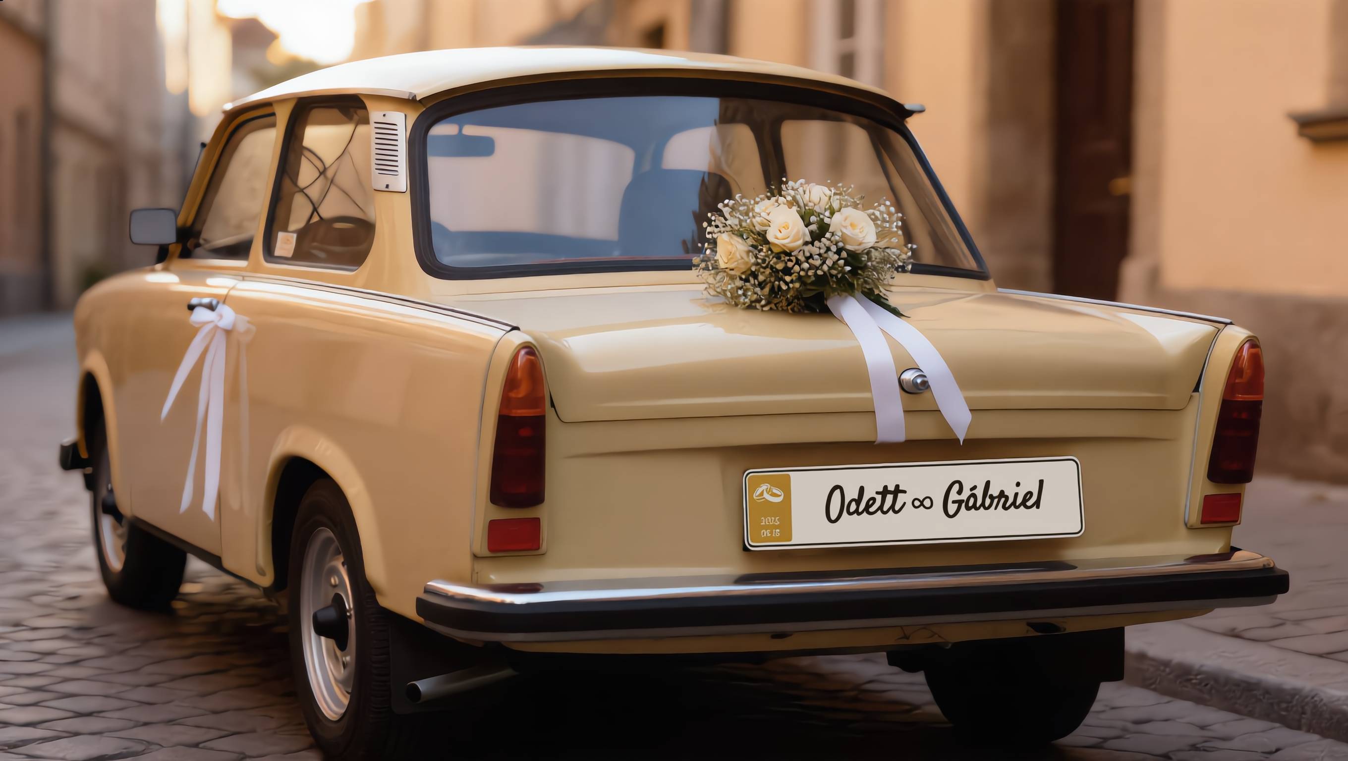 Esküvői rendszámtábla Odett és Gábriel nevével, arany badge, végtelen jel, Trabant 601 esküvői autón